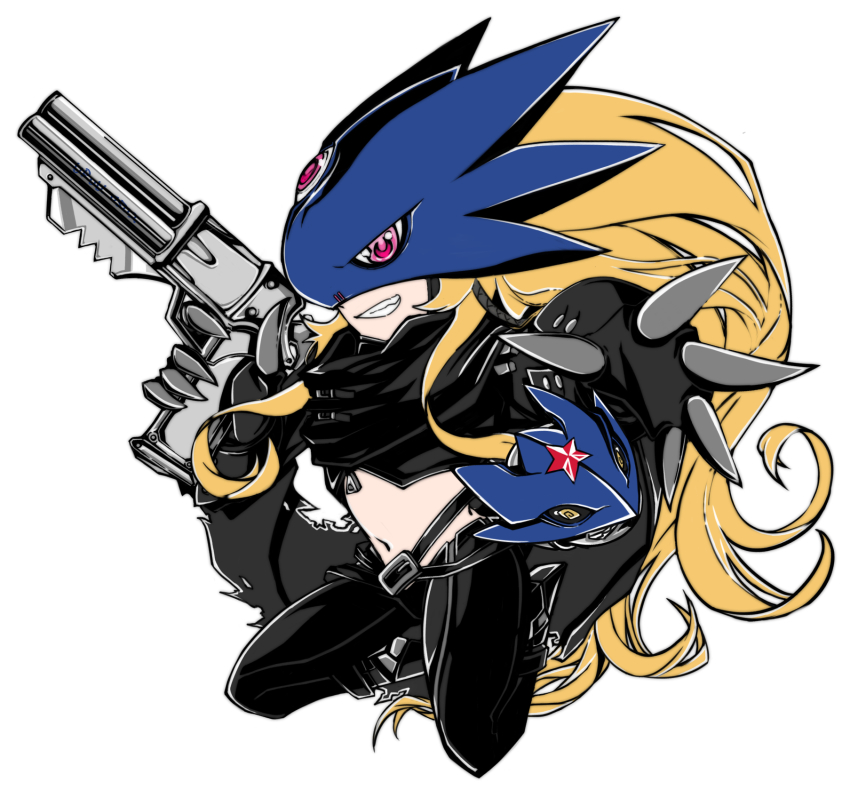 1girl beelstarmon belt blonde_hair bullet combination_weapon digimon fly_bullet gun handgun highres knife long_hair multiple-barrel_gun pink_eyes pistol revolver rizoma_de_loto solo third_eye triple-barreled_revolver volley_gun weapon