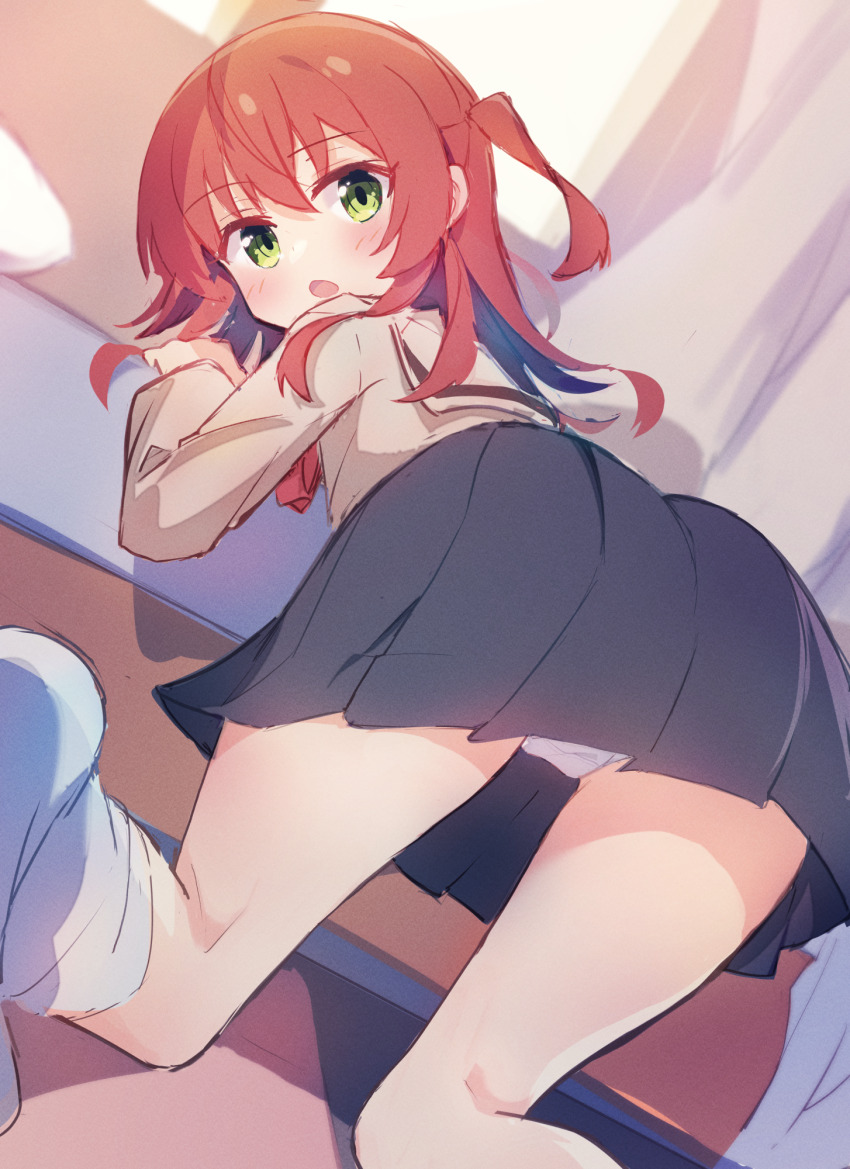1girl ass bed black_skirt blush bocchi_the_rock! brown_sailor_collar brown_shirt choppy_bangs commentary crotch_seam dutch_angle film_grain foot_out_of_frame green_eyes haemori_ako highres indoors kita_ikuyo kneeling leaning_forward loli long_hair long_sleeves looking_at_viewer looking_back miniskirt no_shoes one_side_up open_mouth panties pantyshot pleated_skirt red_eyes sailor_collar school_uniform serafuku shirt shuka_high_school_uniform sketch skirt socks solo turning_head underwear white_panties white_socks