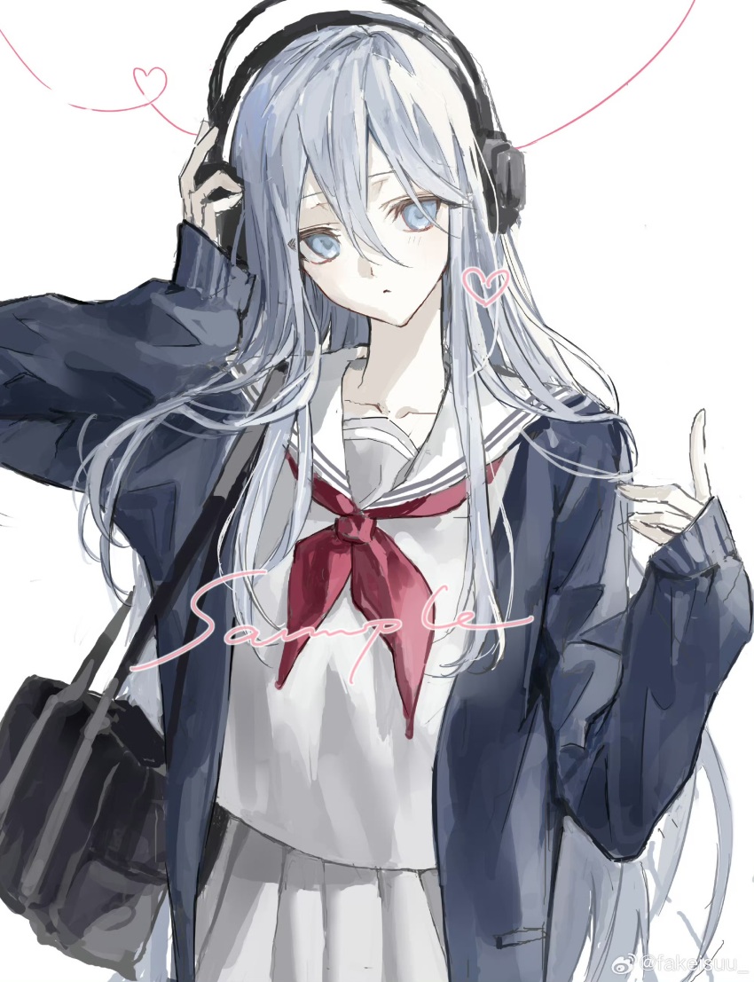 1girl 25-ji_nightcord_de._(project_sekai) absurdres bag black_bag blue_eyes blue_hair cardigan hair_between_eyes hand_on_headphones headphones heart highres konosekaino920 long_hair long_sleeves looking_at_viewer miyamasuzaka_girls&#039;_academy_school_uniform neckerchief open_clothes pleated_skirt project_sekai red_neckerchief sailor_collar sample_watermark school_bag school_uniform serafuku shirt shoulder_bag simple_background skirt solo watermark weibo_username weibo_watermark white_background white_sailor_collar white_shirt yoisaki_kanade