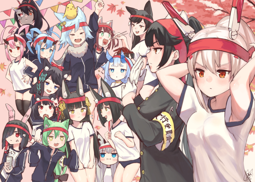 &gt;_&lt; +_+ 6+girls :o akashi_(azur_lane) akatsuki_(azur_lane) alternate_costume animal_ear_fluff animal_ears atago_(azur_lane) autumn_leaves ayanami_(azur_lane) azur_lane bad_id bad_pixiv_id black_hair black_legwear black_shirt blue_eyes blue_jacket blush breasts brown_hair buruma cat_ears choker chopsticks fake_animal_ears feeding fubuki_(azur_lane) fur-trimmed_jacket fur_trim fusou_(azur_lane) gakuran gloves green_eyes green_hair grey_hair gym_uniform hair_between_eyes hair_over_one_eye half_gloves headband headgear highres horns i-13_(azur_lane) ikazuchi_(azur_lane) inazuma_(azur_lane) jacket kawakaze_(azur_lane) leaf light_brown_hair long_hair long_sleeves looking_at_viewer manjuu_(azur_lane) mashiro_kta mask_over_one_eye medium_breasts multiple_girls mutsu_(azur_lane) nagato_(azur_lane) oni_horns pink_background pink_hair ponytail rabbit_ears red_choker red_eyes red_headband school_uniform shiranui_(azur_lane) shiratsuyu_(azur_lane) shirt short_hair short_sleeves signature simple_background sleeveless sleeveless_shirt takao_(azur_lane) thighhighs white_gloves white_shirt yamashiro_(azur_lane) yellow_eyes
