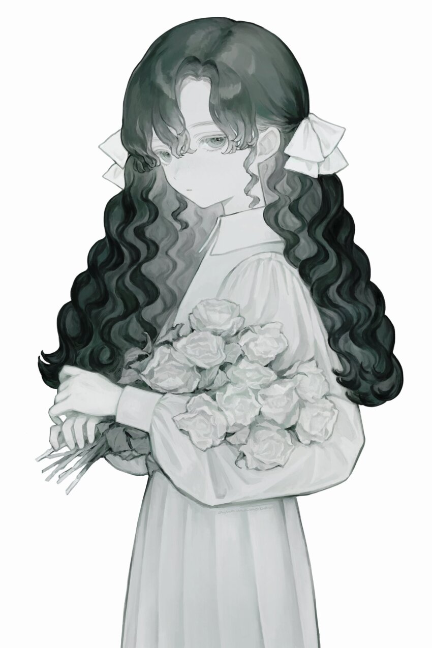 1girl amamanoban black_hair bouquet bow closed_mouth collared_dress colored_eyelashes dress expressionless flower grey_eyes hair_between_eyes hair_bow highres holding holding_bouquet long_hair long_sleeves looking_at_viewer original pale_skin parted_bangs rose simple_background solo wavy_hair white_background white_dress white_flower white_rose