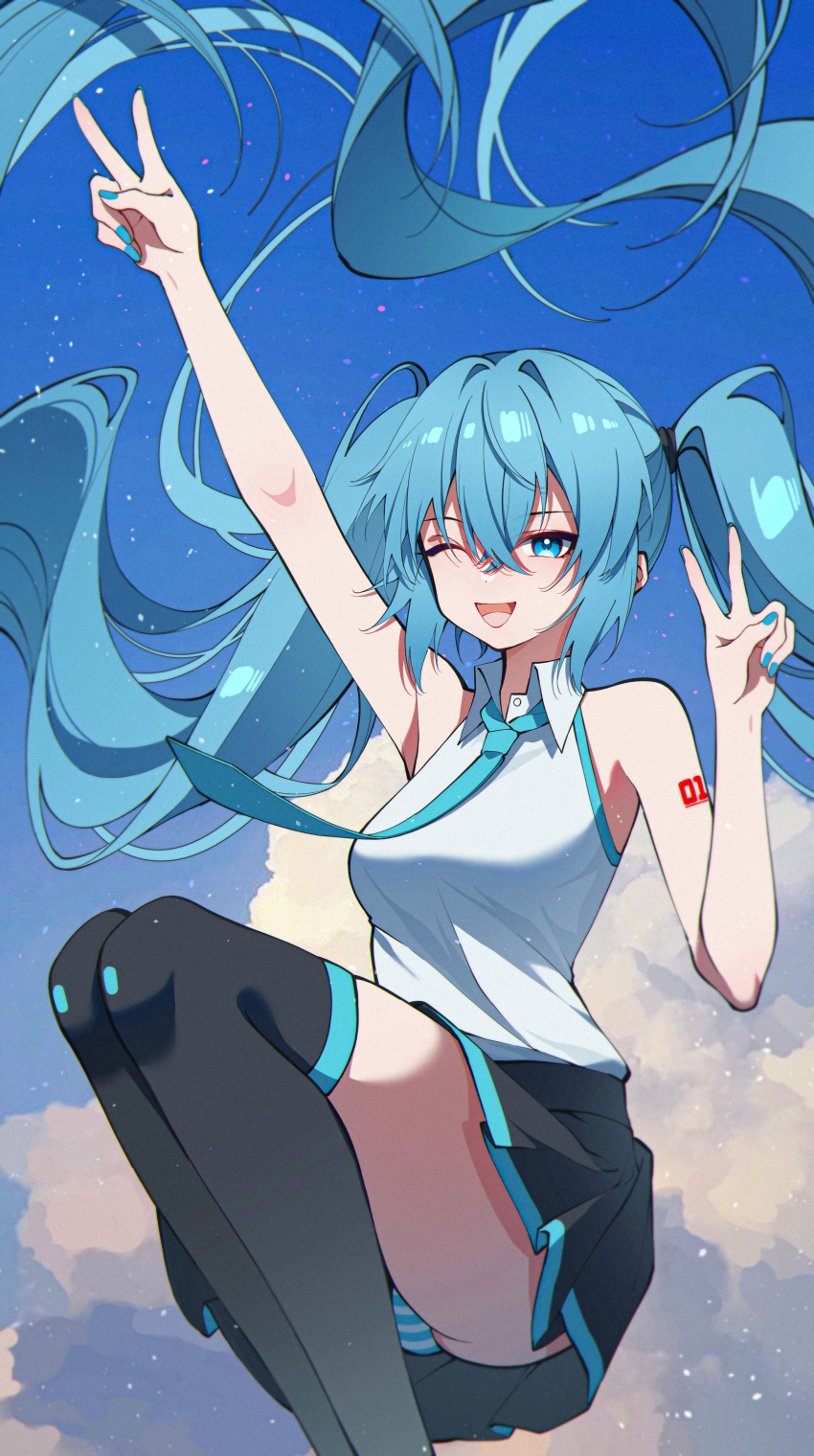 1girl absurdres aqua_eyes aqua_hair aqua_nails aqua_necktie arm_up black_skirt boots breasts double_v hair_between_eyes hair_ornament hatsune_miku highres long_hair medium_breasts miniskirt necktie one_eye_closed open_mouth panties pleated_skirt shirt skirt sleeveless sleeveless_shirt smile solo striped_clothes striped_panties thigh_boots thighs tiandingfengren twintails underwear v very_long_hair vocaloid white_shirt