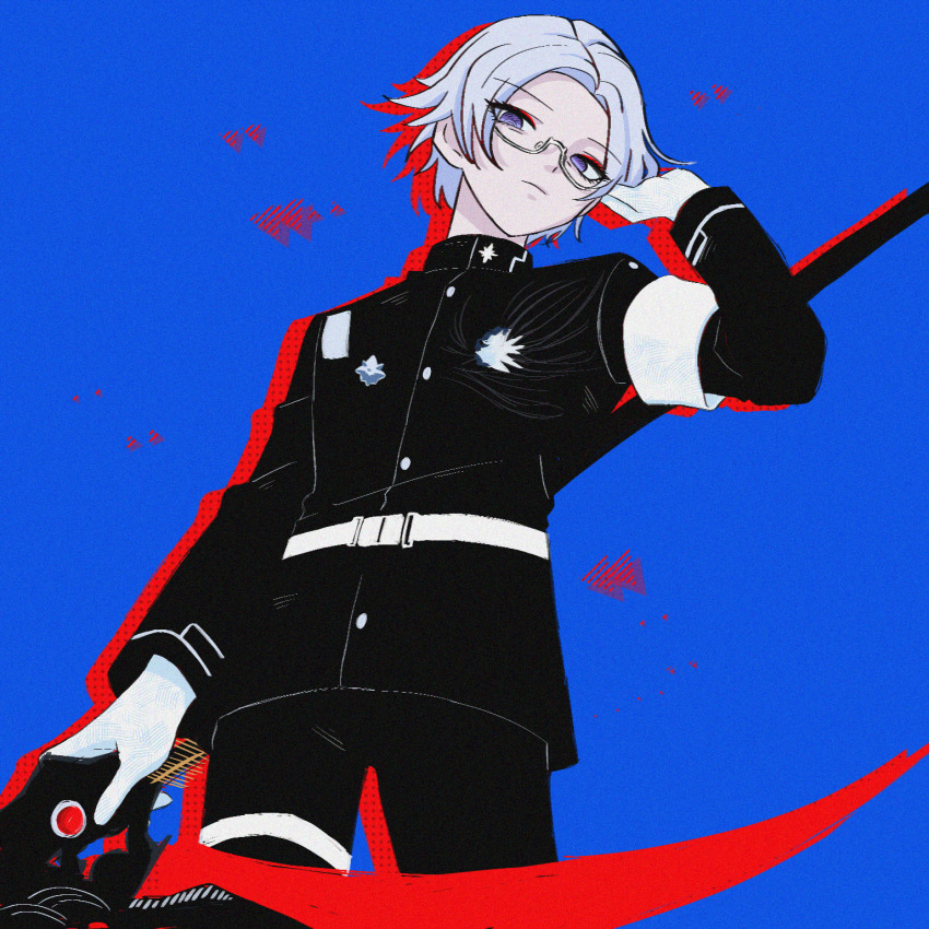 aotsuki_eito belt blue_background glasses highres holding holding_scythe non-web_source purple_eyes scythe self-upload semi-rimless_eyewear standing the_hundred_line_-last_defense_academy- torutisuto under-rim_eyewear white_hair