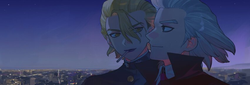 2boys almifiiiii black_jacket blonde_hair cigarette city_lights cityscape closed_mouth collared_shirt dr._stone gakuran grey_hair hair_between_eyes highres implied_yaoi jacket male_focus mouth_hold multiple_boys necktie night outdoors red_necktie school_uniform shirt short_hair sky smile stanley_snyder_(dr.stone) star_(sky) starry_sky upper_body white_shirt xeno_(dr.stone) yellow_eyes