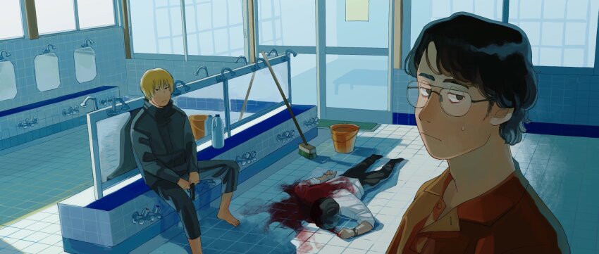 3boys barefoot bathroom black_eyes black_hair blonde_hair blood blood_on_clothes broom bucket commentary_request corpse door frown glasses gun handgun highres holding holding_gun holding_weapon implied_murder lying male_focus matsumoto_akira_(melancholic) melancholic_(2018_film) mirror multiple_boys nabeoka_kazuhiko nakano_kaworu no_sclera on_stomach pool_of_blood weapon