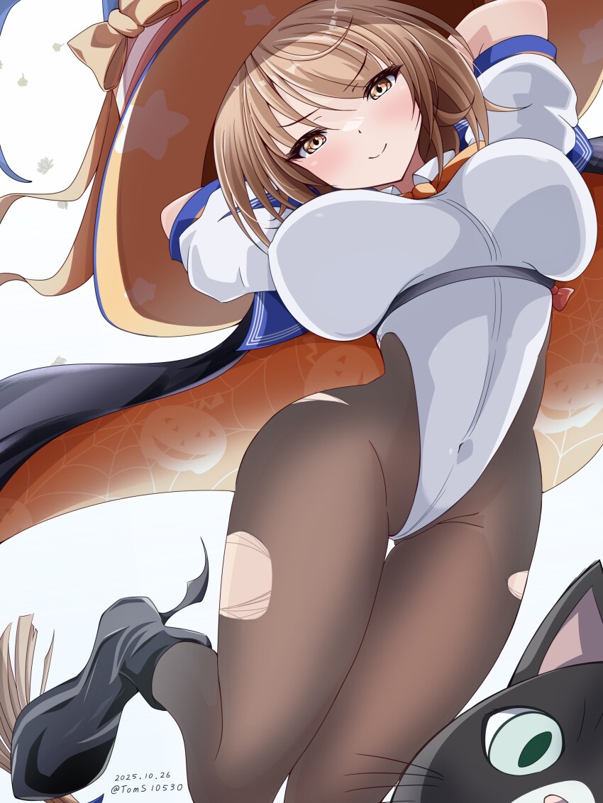 1girl absurdres ahoge arms_behind_head arms_up bed bed_sheet black_hair black_pantyhose blush braid breasts broom brown_eyes brown_hair cape cat closed_mouth commentary_request covered_navel dated halloween_costume highleg highleg_leotard highres kantai_collection large_breasts leg_up leotard long_hair looking_at_viewer orange_cape pantyhose pillow richard_p._leary_(halloween)_(kancolle) richard_p._leary_(kancolle) richard_p._leary_kai_(kancolle) short_hair simple_background single_braid smile solo_focus super_highleg toms torn_clothes torn_pantyhose twitter_username two-sided_cape two-sided_fabric unsinkable_sam variant_set white_background white_leotard