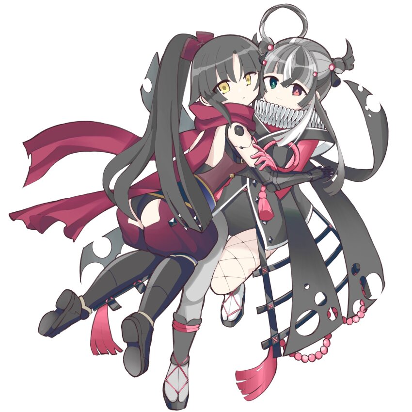 2girls 74-3 asymmetrical_legwear black_hair blue_eyes fate/grand_order fate_(series) grey_hair hair_rings heterochromia highres kashin_koji_(fate) katou_danzou_(fate) mismatched_legwear multiple_girls neck_ruff ponytail red_eyes red_scarf scarf white_background yellow_eyes