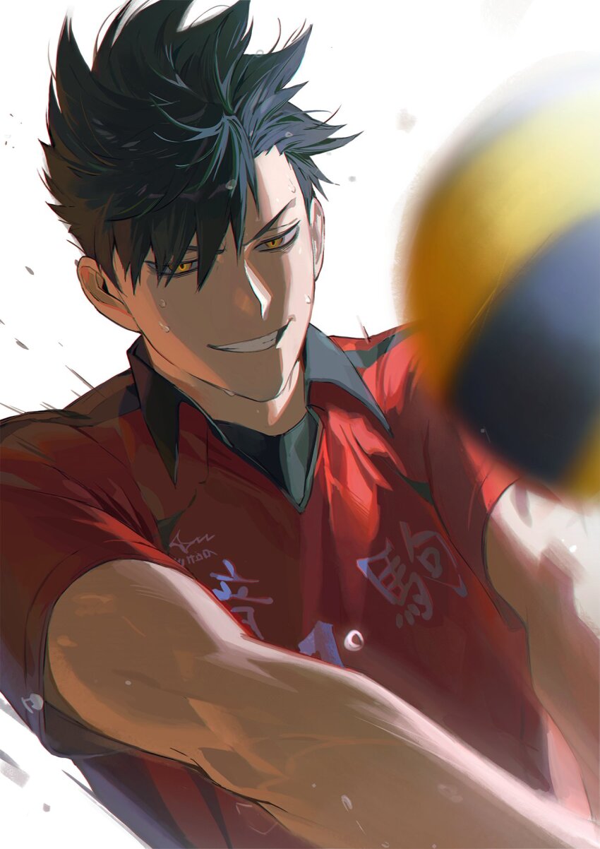 1boy ball black_hair collared_shirt commentary grin haikyuu!! hashtag-only_commentary highres kuroo_tetsurou looking_at_object male_focus nekoma_volleyball_uniform outstretched_arms parted_bangs playing_sports shan_yang shirt short_hair simple_background smile solo sportswear sweat teeth upper_body v-shaped_eyebrows very_sweaty volleyball volleyball_(object) volleyball_uniform white_background wing_collar yellow_eyes