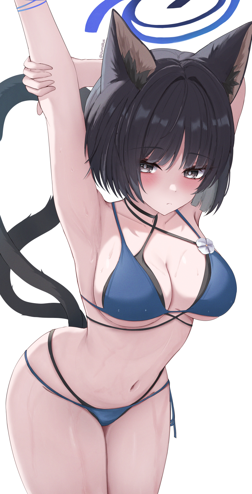 1girl absurdres animal_ears arm_behind_head armpits arms_up artist_name bikini black_eyes black_hair black_tail blue_archive blue_bikini blue_halo blush breasts cat_ears cat_girl cat_tail cleavage commentary criss-cross_straps gradient_tail halo highres holding_own_arm izumiillus kikyou_(blue_archive) kikyou_(swimsuit)_(blue_archive) layered_bikini looking_at_viewer medium_breasts multiple_tails navel official_alternate_costume paid_reward_available short_hair simple_background solo standing stomach swimsuit tail thighs two_tails wet white_background
