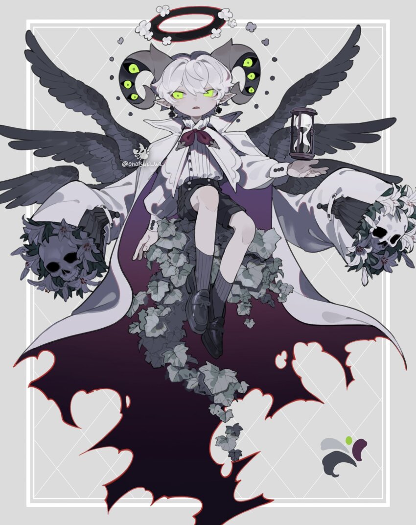 1boy argyle_background argyle_clothes artist_name black_footwear black_halo black_shorts black_socks black_wings coat coat_on_shoulders collared_coat color_guide cross cross_earrings curled_horns earrings extra_eyes feathered_wings floating floating_object flower full_body green_eyes grey_background grey_horns hair_between_eyes halo hand_up highres horns hourglass inset_border ivy jewelry leaf lily_(flower) long_sleeves looking_at_viewer male_focus multiple_wings onotsuki_w2 open_mouth original outside_border oversized_clothes pointy_ears puffy_long_sleeves puffy_sleeves shirt shirt_tucked_in short_hair shorts sitting skull socks solo torn_clothes torn_coat twitter_username two-sided_coat two-sided_fabric white_coat white_flower white_hair white_lily white_shirt wings