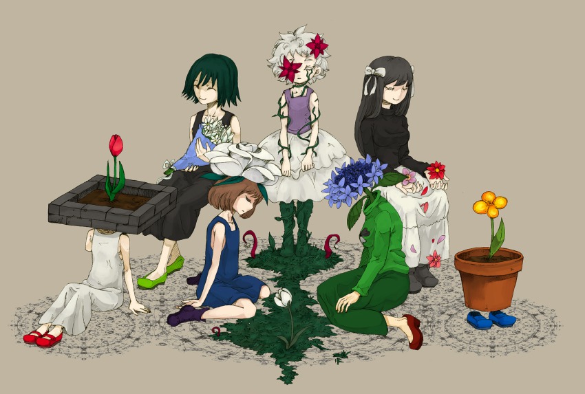 .flow 6+girls amputee ankle_boots arm_support black_dress black_hair blue_dress boots bouquet chie_(lcddem) closed_eyes clothes_pull collarbone colored_eyelashes crossover dress flat_chest flower flower_bed flower_eyepatch flower_on_head gicullah_aine grass green_hair hallucigenia_(game) highres isokishi kazaguruma_(kudaranu_mousou_no) kneeling kudaranu_mousou_no lcddem lily_(flower) long_hair madoro-mu madoru-mu mary_janes monster_girl multiple_girls overgrown petals plant plant_girl pot rose sabitsuki shoes short_hair sick_mind sickmind sitting skirt skirt_pull sleeveless standing sundress surreal tsukushi_(toxicdoll) turtleneck usotsuki very_long_hair vines wariza white_dress white_flower white_hair white_rose yamitsuki yamitsuki_(sick_mind) yamitsuki_(sickmind) yume_nisshi