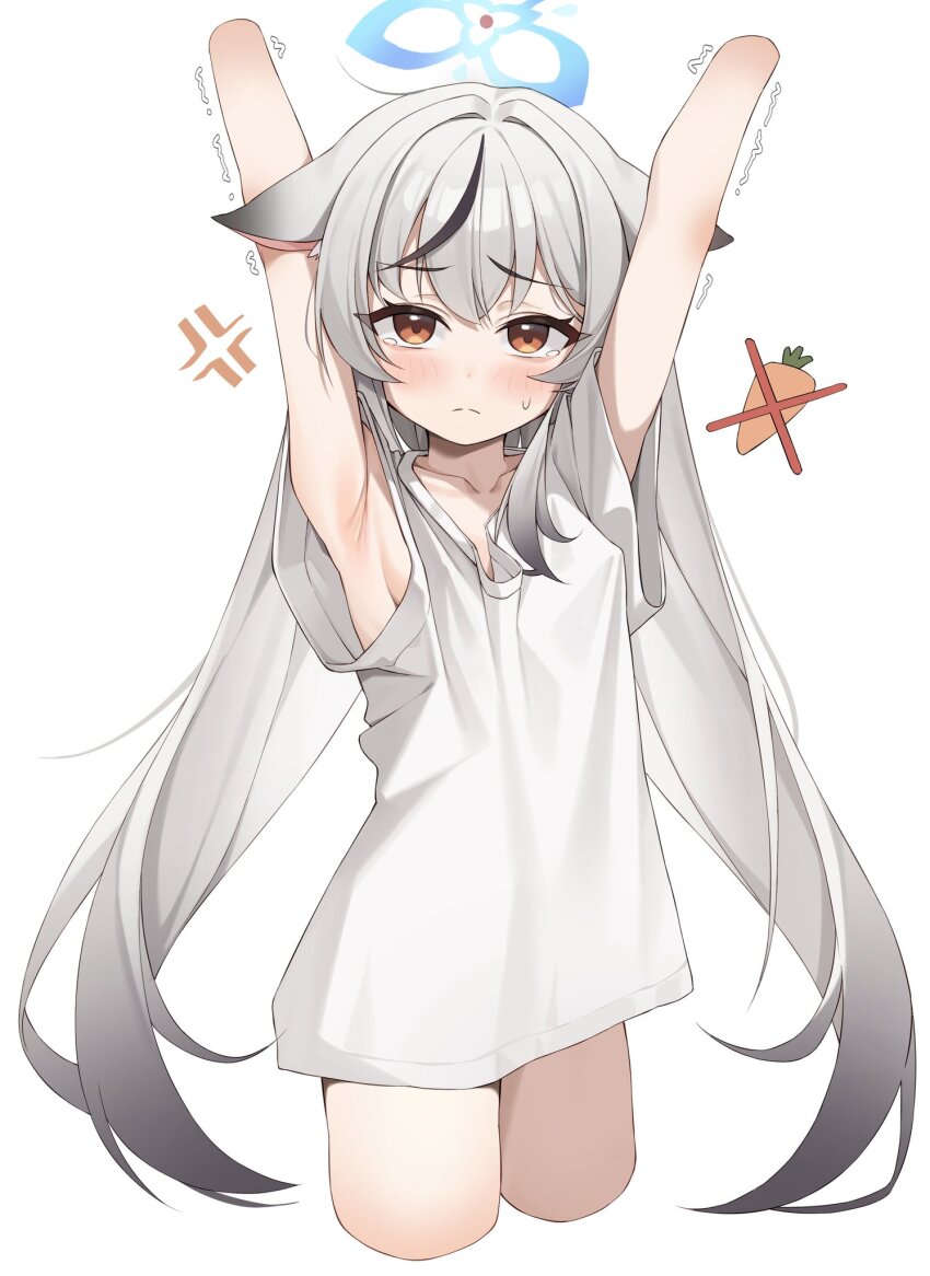 1girl anger_vein animal_ears armpit_crease armpits arms_up blue_archive blue_halo bottomless breast_cutout breasts brown_eyes closed_mouth collarbone cowboy_shot crying crying_with_eyes_open dot_nose embarrassed grey_hair hair_between_eyes hair_intakes halo highres kokona_(blue_archive) legs loli long_hair looking_at_viewer multicolored_hair shirt short_sleeves sideboob simple_background small_breasts solo split_mouth streaked_hair sweatdrop tears thighs um_111 very_long_hair white_background white_shirt