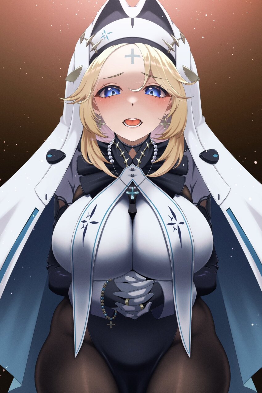 1girl arms_under_breasts black_robe blonde_hair blue_eyes blush bodystocking bracelet braid breasts cross cross_earrings cross_necklace cross_tattoo earrings facial_mark forehead_mark forehead_tattoo goddess_of_victory:_nikke habit highres interlocked_fingers jewelry large_breasts legwear_garter long_hair looking_at_viewer milmil7 necklace nun open_mouth own_hands_together rapunzel_(nikke) rapunzel_(pure_grace)_(nikke) robe solo tattoo thick_thighs thighhighs thighs veil very_long_hair white_robe white_thighhighs white_veil wide_hips