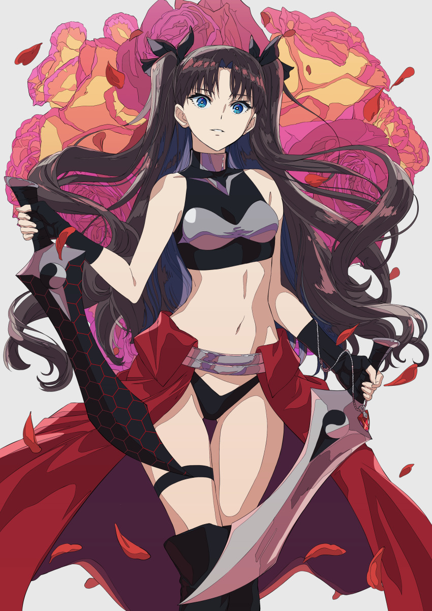 1girl absurdres archer_(fate) archer_(fate)_(cosplay) black_bow black_gloves black_panties blue_eyes bow breasts brown_hair cosplay crop_top dual_wielding falling_petals fate/stay_night fate_(series) fingerless_gloves floral_background flower gloves hair_bow highres holding holding_sword holding_weapon kanshou_&amp;_bakuya_(fate) long_skirt navel panties parted_lips petals red_flower red_rose red_skirt rose rose_background skirt small_breasts solo stomach sword thigh_strap tohsaka_rin two_side_up underwear weapon xtango