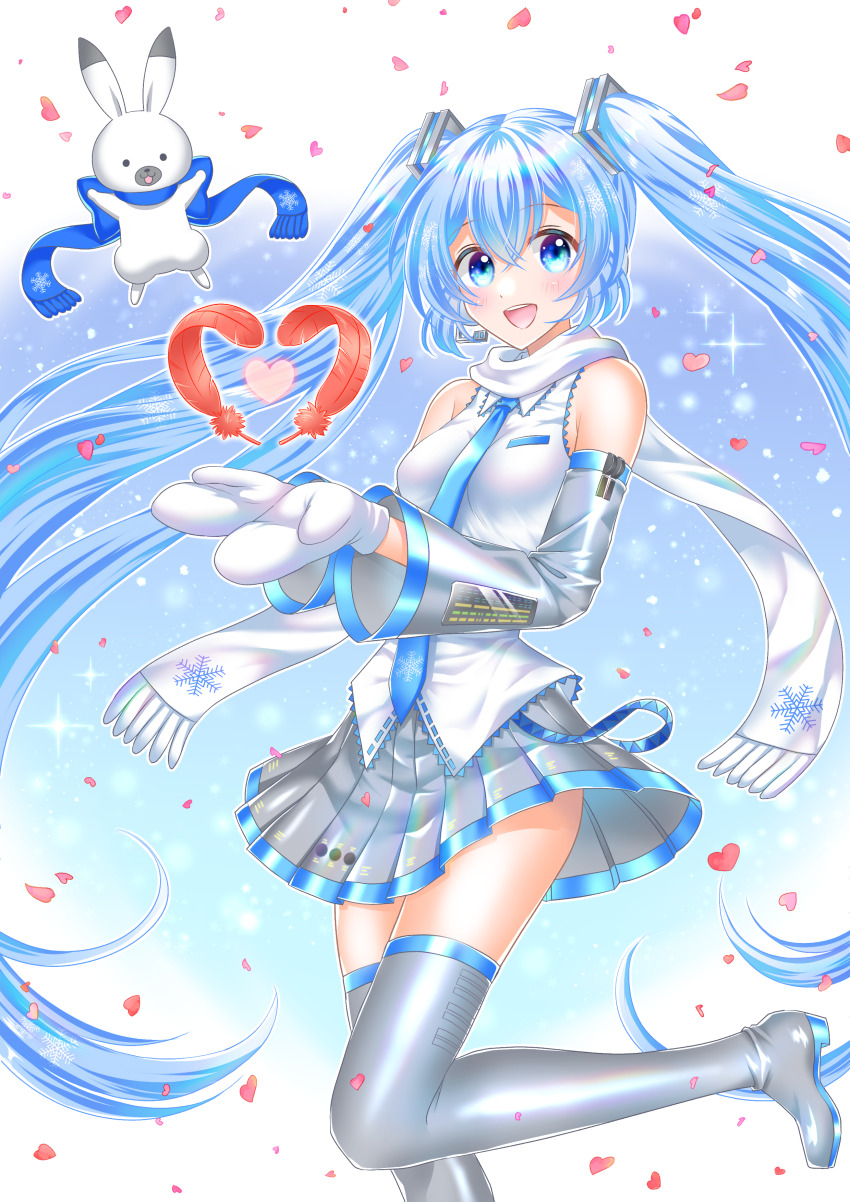 1girl :d absurdres blue_eyes blue_hair boots breasts collared_shirt commentary_request detached_sleeves feathers foot_up grey_shoes grey_skirt grey_sleeves hair_between_eyes hatsune_miku headset heart highres long_sleeves mittens open_mouth pleated_skirt rabbit_yukine red_feathers scarf shirt shoes skirt sleeveless sleeveless_shirt smile snowflake_print solo tateko25wiz teeth thigh_boots tongue upper_teeth_only vocaloid white_mittens white_scarf white_shirt yuki_miku yuki_miku_(2011)