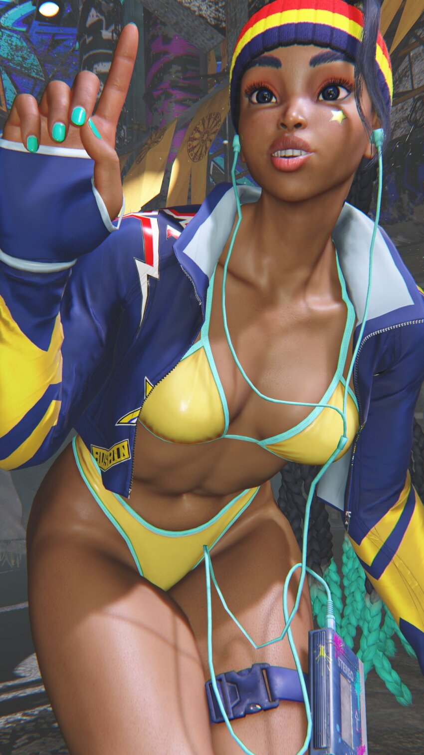 1girl 3d alternate_costume aqua_hair bikini black_hair braid breasts cleavage curvy dark-skinned_female dark_skin dreadlocks gloves highleg highleg_bikini highres jacket kimberly_jackson long_hair multicolored_hair official_alternate_costume open_clothes open_jacket ryona shiny_skin smile solo standing street_fighter street_fighter_6 swimsuit third-party_edit thong thong_bikini wide_hips yellow_bikini