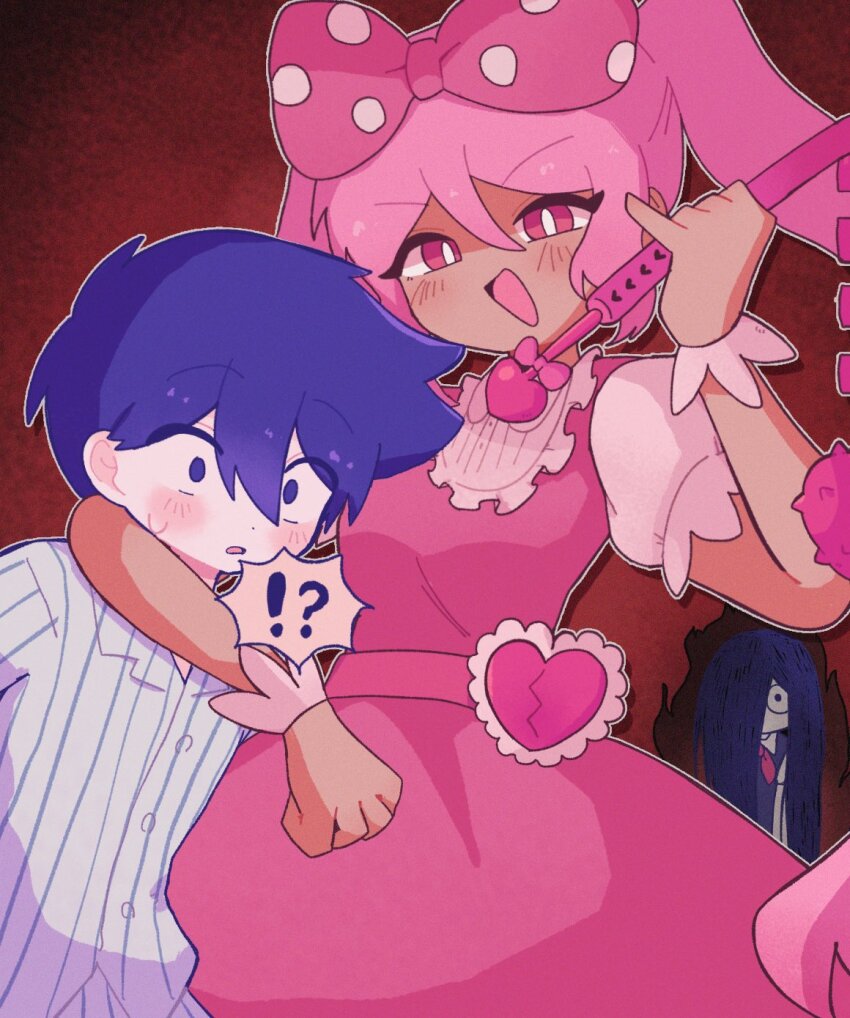 !? 1boy 2girls blush bow bright_pupils collared_shirt colored_skin constricted_pupils dark-skinned_female dark_skin flail hair_bow hair_over_one_eye hero_(headspace)_(omori) hero_(omori) highres holding_flail long_hair long_sleeves looking_at_another looking_at_viewer mari_(headspace)_(omori) mari_(omori) mewowem_omo multiple_girls neckerchief omori pajamas parted_lips pink_bow pink_eyes pink_hair polka_dot polka_dot_bow purple_eyes purple_hair purple_sweater_vest red_neckerchief shirt short_hair short_sleeves speech_bubble spoken_interrobang sweatdrop sweater_vest sweetheart_(omori) twintails weapon white_pupils white_shirt white_skin