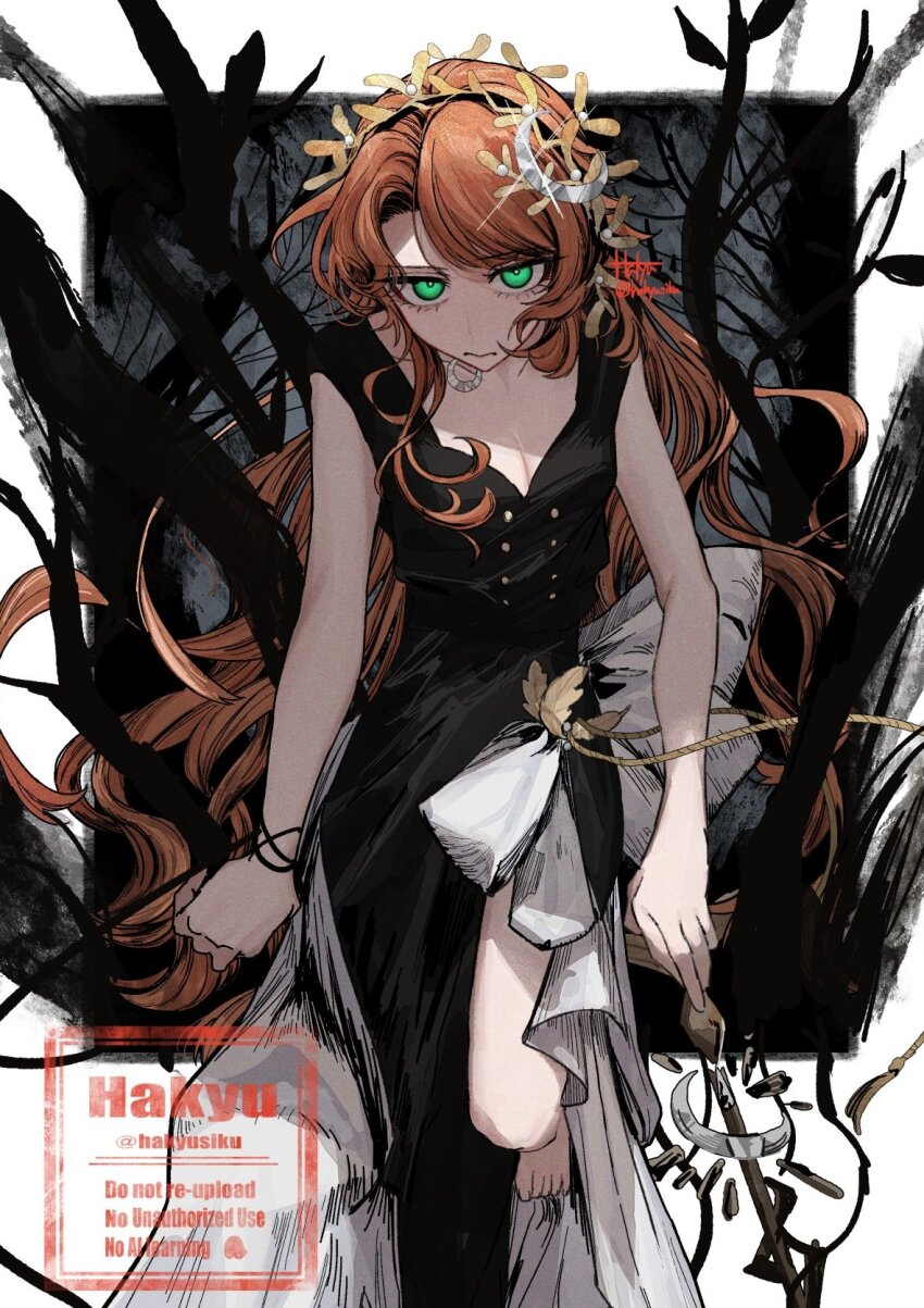 1girl bare_arms bare_legs barefoot black_dress branch breasts cane cleavage closed_mouth crescent crescent_hair_ornament dress druvis_iii foot_out_of_frame green_eyes hair_ornament hakyusiku highres holding holding_cane leaf_hair_ornament leg_up long_hair looking_at_viewer orange_hair reverse:1999 side_slit sitting sleeveless sleeveless_dress solo very_long_hair watermark