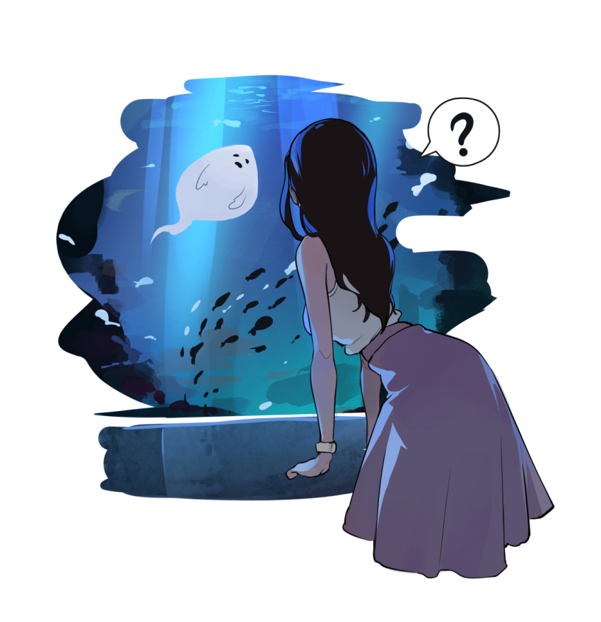 1girl ? aquarium bare_arms bare_shoulders black_hair bracelet breasts from_behind highres jewelry long_hair medium_breasts mo0o0rae purple_skirt sakurai_touko senpai_ga_uzai_kouhai_no_hanashi shiromanta_(character) shirt shirt_tucked_in skirt sleeveless sleeveless_shirt solo spoken_question_mark white_background white_shirt