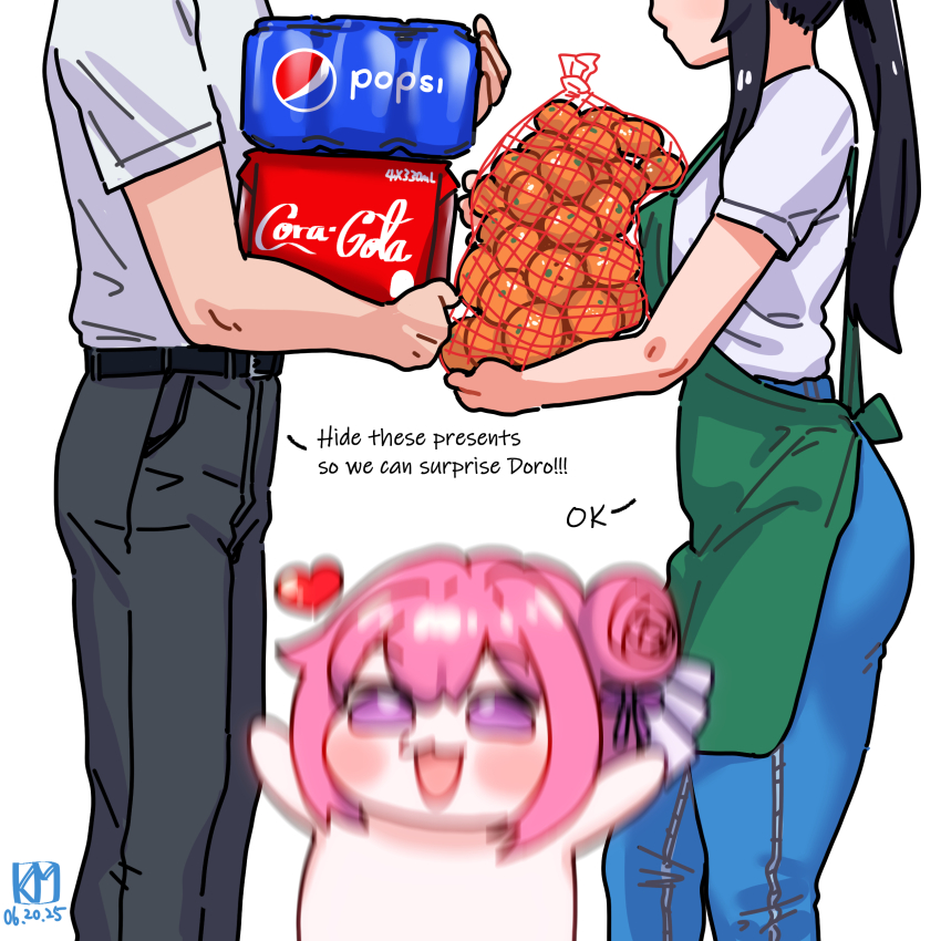 54kmlikeuniform absurdres angry blind_spot_(meme) brand_name_imitation can coca-cola cola creature doro_(nikke) drink_can flower-shaped_hair goddess_of_victory:_nikke hair_bun hair_intakes highres holding holding_can meme pepsi pink_hair product_placement purple_ribbon ribbon shiny_eyes single_side_bun soda soda_can