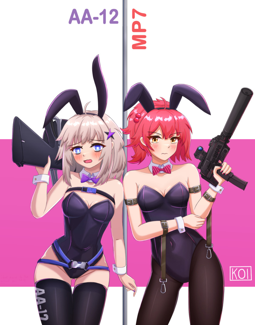 2girls aa-12 aa-12_(girls&#039;_frontline) alternate_costume animal_ears automatic_shotgun bags_under_eyes black_pantyhose black_thighhighs blue_eyes blush bow bowtie character_name combat_shotgun cowboy_shot detached_collar drum_magazine girls&#039;_frontline grey_hair gun h&amp;k_mp7 hair_ornament high-capacity_magazine highres holding holding_gun holding_weapon leotard magazine_(weapon) mp7_(girls&#039;_frontline) multiple_girls pantyhose personal_defense_weapon pink_bow pink_hair playboy_bunny purple_bow rabbit_ears shotgun shy strapless strapless_leotard submachine_gun suppressor thighhighs weapon wrist_cuffs yellow_eyes