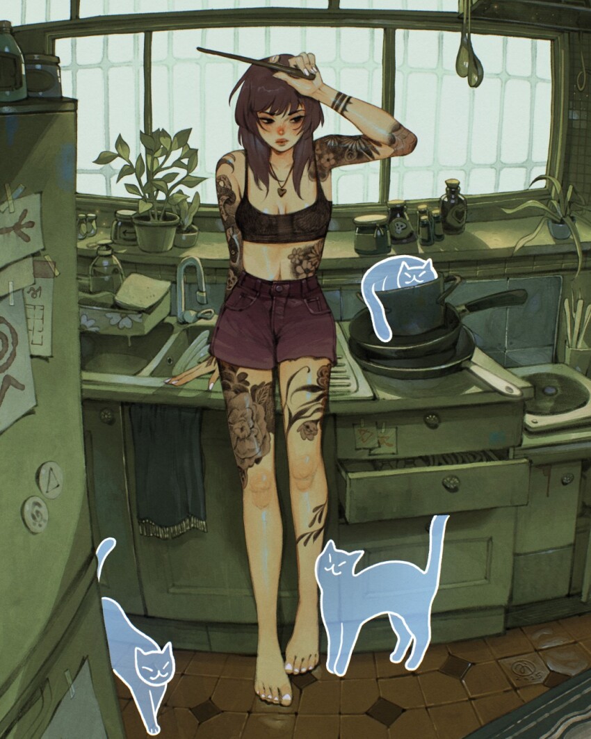 1girl arm_tattoo arm_up artist_logo barefoot black_sports_bra breasts brown_hair cat closed_mouth commentary cooking_pot dated dishes fingernails flower_tattoo frills frying_pan full_body ghost heart heart_necklace heel_up high-waist_shorts highres holding holding_wand indoors jar jewelry kitchen ladle leaning_back leg_tattoo logo long_fingernails looking_to_the_side magnet medium_hair nail_polish necklace open_drawer original plant potted_plant red_shorts refrigerator refrigerator_magnet runes shorts simz sink small_breasts solo sports_bra standing stomach_tattoo tattoo tattoo_sleeve tile_floor tiles toenail_polish toenails towel wand white_nails window