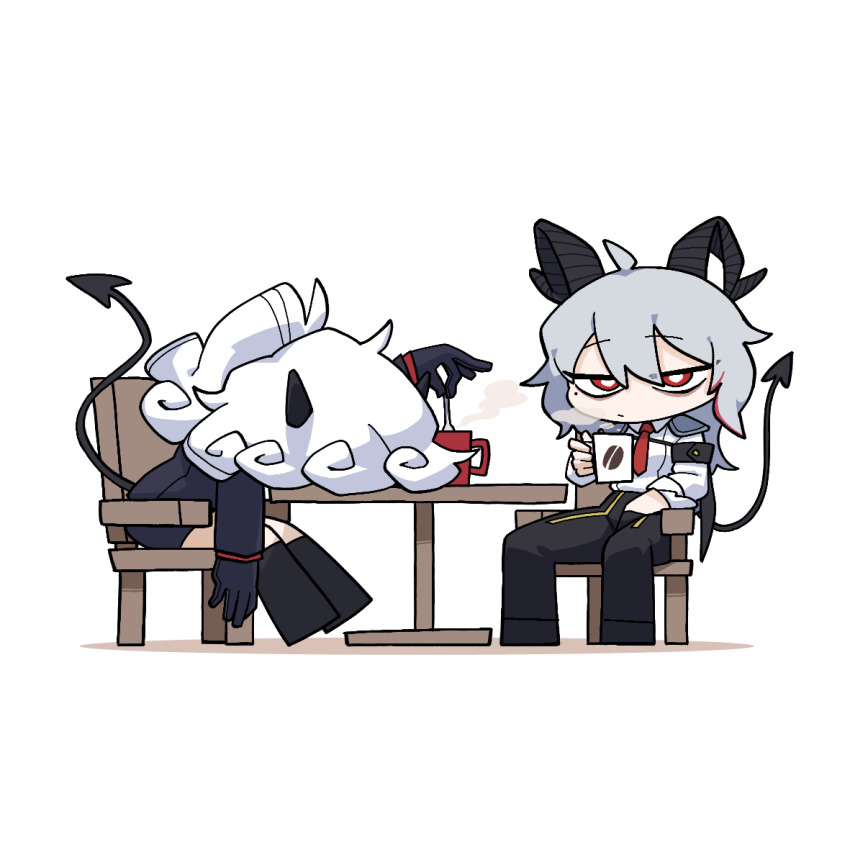 2girls armband black_armband black_gloves black_horns black_pants black_tail bright_pupils chibi chibi_only closed_mouth coffee_mug commentary_request crossover cup curled_horns demon_tail gloves helltaker horns korean_commentary looking_at_viewer mole mole_under_eye mug multiple_girls necktie on_chair pandemonica_(helltaker) pants red_eyes red_necktie shirt simple_background sitting table tail teeny_(nonzone) trait_connection white_background white_pupils white_shirt wuthering_waves zani_(wuthering_waves)