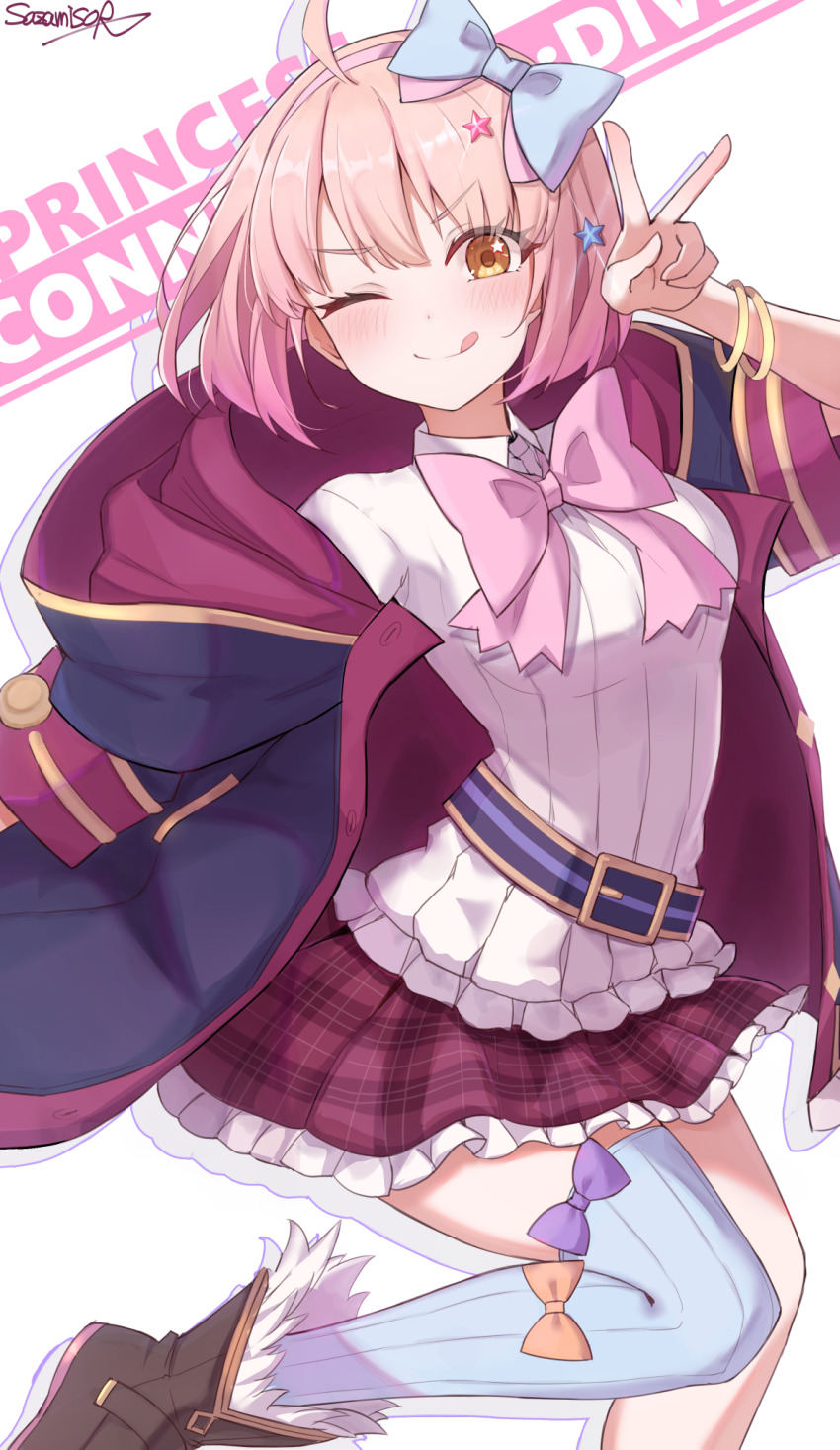 1girl ;q ahoge artist_name belt blue_belt blue_bow blue_thighhighs blush boots bow bowtie bracelet brown_boots chieru_(princess_connect!) commentary_request hair_bow hairband highres jacket jewelry looking_at_viewer one_eye_closed open_clothes open_jacket orange_bow pink_bow pink_bowtie pink_hair pink_hairband plaid_clothes plaid_skirt princess_connect! purple_bow red_skirt sazamiso_rx shirt short_hair simple_background single_thighhigh skirt solo star_(symbol) star_in_eye symbol_in_eye thighhighs tongue tongue_out v white_background white_shirt yellow_eyes