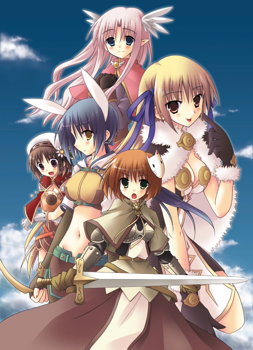 2000s_(style) 5girls :d acolyte_(ragnarok_online) alternate_color animal_ears beret black_gloves blonde_hair blue_eyes blue_hair blue_ribbon blue_sky bow_(weapon) breasts brown_cape brown_capelet brown_dress brown_gloves brown_hair brown_shirt brown_skirt cape capelet chest_guard cleavage closed_mouth cloud commentary_request cowboy_shot creator_(ragnarok_online) crop_top dress elbow_gloves fake_animal_ears feathered_wings fingerless_gloves fox_mask fur-trimmed_cape fur-trimmed_gloves fur_trim gauntlets gloves green_eyes hair_ribbon hat head_wings high_wizard_(ragnarok_online) highres holding holding_bow_(weapon) holding_sword holding_weapon hunter_(ragnarok_online) large_breasts long_hair looking_at_viewer mask mask_on_head midriff miniskirt multiple_girls navel open_mouth pink_capelet pink_hair pointy_ears rabbit_ears ragnarok_online red_cape red_eyes ribbon shirt short_hair skirt sky slime_(creature) smile sword swordsman_(ragnarok_online) tabard tongue tongue_out v-shaped_eyebrows vanilmirth_(ragnarok_online) weapon white_dress white_gloves white_hat white_tabard white_wings wings yellow_eyes yuzuki_kotona