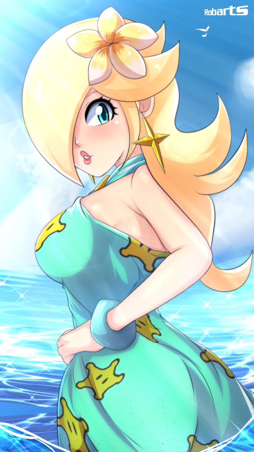1girl anklet artist_name axasempai bare_arms bare_shoulders bead_anklet beads blonde_hair blue_eyes breasts earrings hair_over_one_eye halterneck highres jewelry large_breasts long_hair mario_(series) mario_kart mario_kart_tour nintendo official_alternate_costume rosalina rosalina_(swimwear) star_(symbol) star_earrings