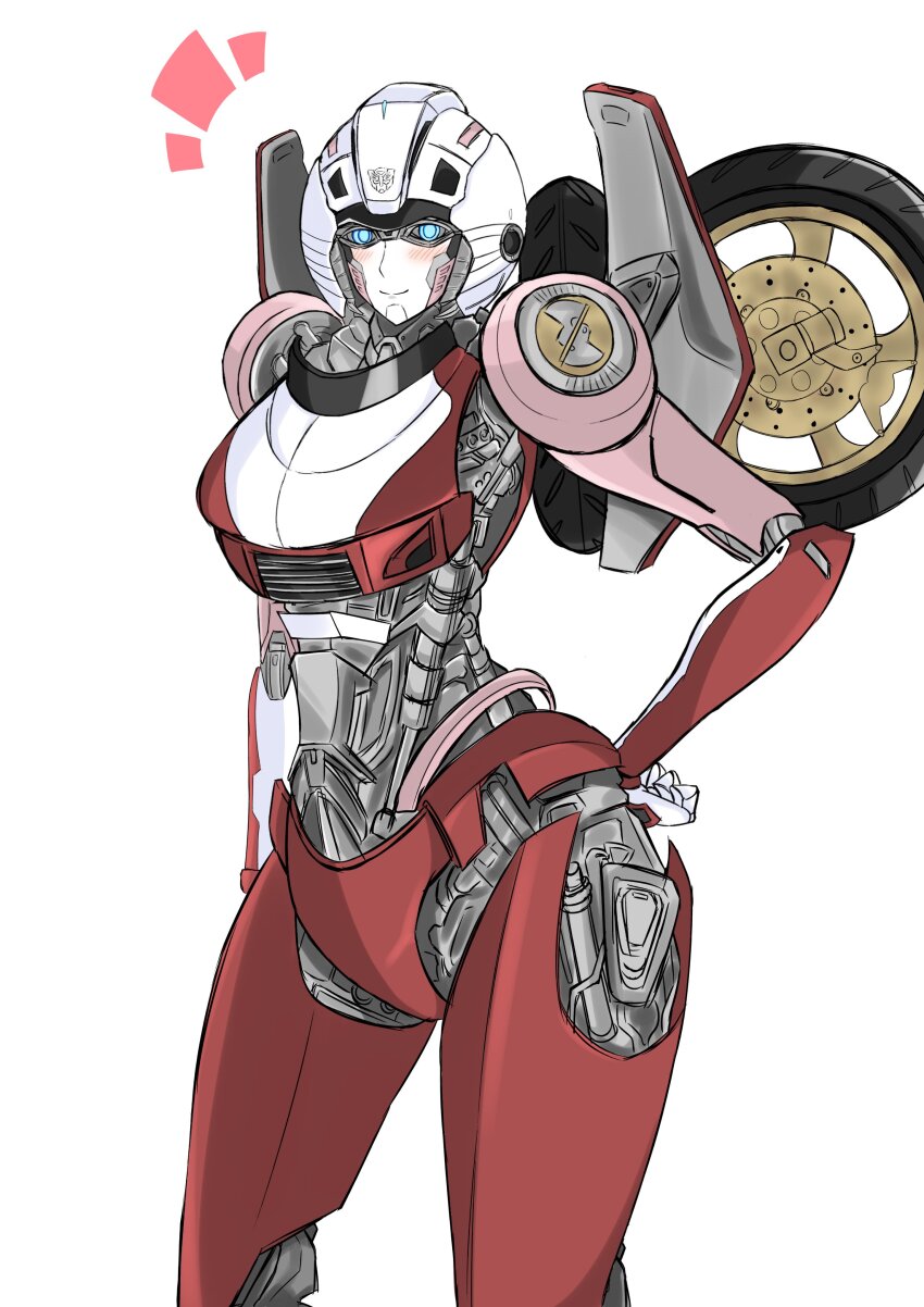 1girl absurdres arcee autobot blue_eyes blush hand_on_own_hip helmet highres humanoid_robot konro_yoyogei looking_at_viewer robot robot_girl simple_background transformers transformers:_rise_of_the_beasts transformers_(live_action) white_background