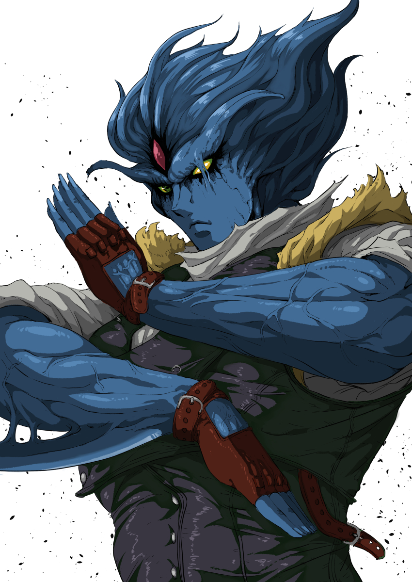 1boy absurdres araki_hirohiko_(style) arm_blade baoh baoh_raihousha blue_hair blue_skin colored_sclera colored_skin fingerless_gloves frown gloves green_eyes highres jojo_pose muscular red_gloves solo upper_body weapon white_background xkyvpxcscnmk8qp yellow_sclera