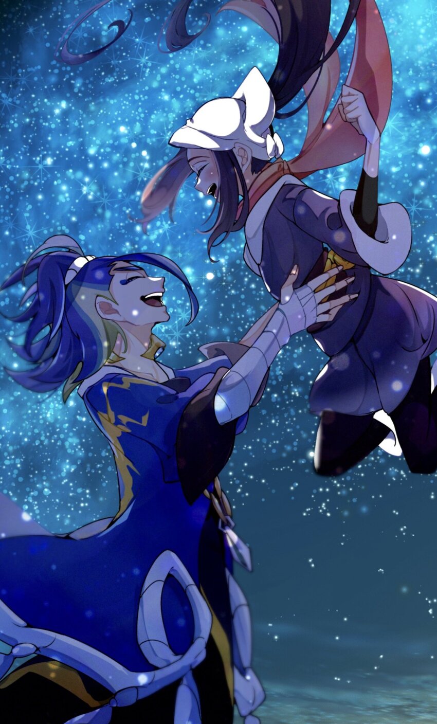 1boy 1girl adaman_(pokemon) akari_(pokemon) arm_wrap black_hair black_sash blonde_hair blue_coat blue_hair blush closed_eyes coat cocoa_s3 collarbone eyebrow_cut eyelashes galaxy_expedition_team_survey_corps_uniform green_hair hat headscarf highres holding jacket jewelry long_hair multicolored_hair night night_sky nintendo open_mouth outdoors pantyhose pokemon pokemon_legends:_arceus ponytail red_scarf sash scarf shirt sidelocks sky smile teeth white_headscarf
