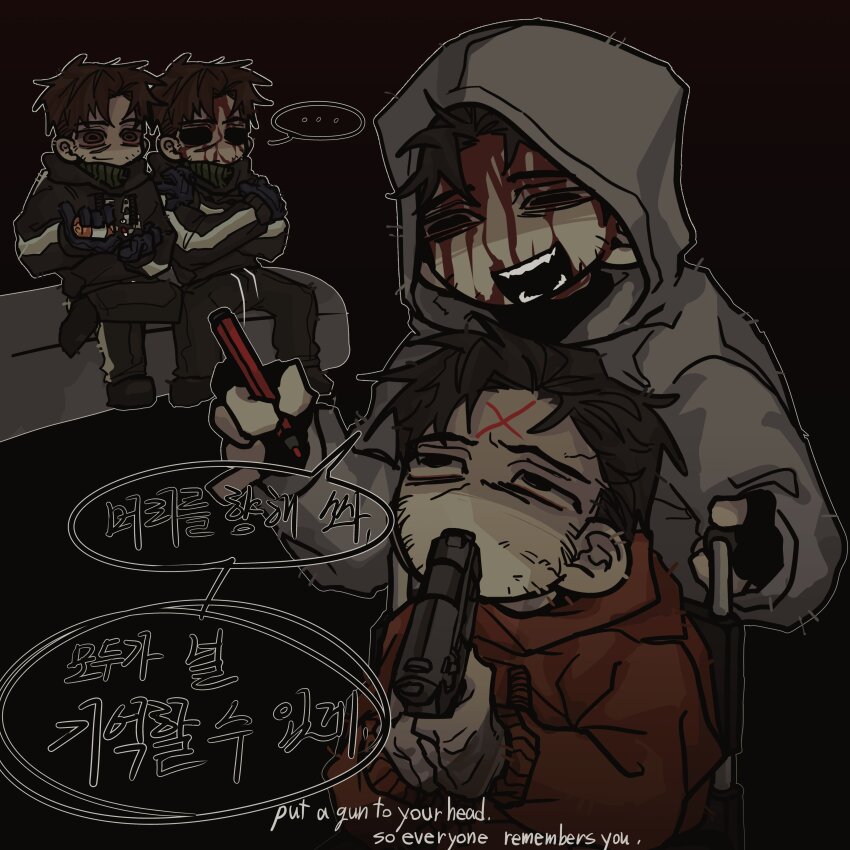 ... 4boys absurdres afraid_of_monsters beard_stubble black_gloves black_hair black_hoodie blood blood_from_forehead blood_on_face bloodshot_eyes body_markings brown_hair crazy_grin crossed_arms cry_of_fear david_leatherhoff dilated_pupils drugs dual_persona empty_eyes facial_hair fingerless_gloves full_body gloves goatee_stubble grey_hoodie gun gun_to_head gun_to_mouth handgun highres holding holding_gun holding_marker holding_weapon holding_wheelchair hood hood_down hood_up hoodie ju-san korean_text looking_at_another marker messy_hair multiple_boys pill pill_bottle red_hoodie short_hair simon_henriksson simon_henriksson_(book) sitting smile speech_bubble stubble the_addiction_(afraid_of_monsters) upper_body weapon wheelchair x