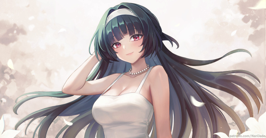 1girl astra_yao bead_necklace beads black_hair breasts cleavage closed_mouth collarbone commentary commentary_typo english_commentary hair_intakes hair_spread_out hairband highres jewelry large_breasts long_hair looking_at_viewer narijade necklace patreon_username red_eyes shirt smile solo upper_body very_long_hair white_hairband white_shirt zenless_zone_zero