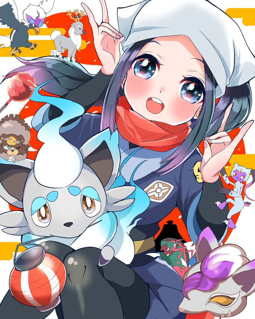 1girl :d akari_(pokemon) alternate_color basculegion basculegion_(male) black_hair black_pantyhose black_sash blue_eyes blue_jacket blue_skirt blush candy_apple carrot_summer double_fox_shadow_puppet fingernails food fox_shadow_puppet galaxy_expedition_team_survey_corps_uniform hands_up headscarf highres hisuian_braviary hisuian_zoroark hisuian_zorua jacket lantern long_hair miniskirt nintendo on_lap open_mouth pantyhose paper_lantern pokemon pokemon_(creature) pokemon_legends:_arceus pokemon_on_lap ponytail red_scarf round_teeth sash scarf shiny_pokemon skirt smile sneasler teeth upper_teeth_only ursaluna white_headscarf wyrdeer