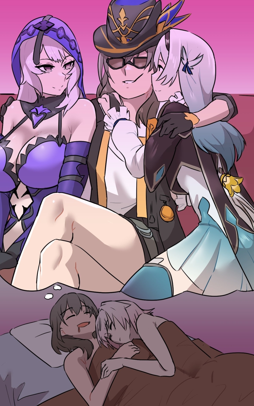 4girls arm_around_shoulder bed black_swan_(honkai:_star_rail) breasts cuddling dreaming female_focus firefly_(honkai:_star_rail) glasses grey_hair harem highres honkai:_star_rail honkai_(series) large_breasts march_7th_(honkai:_star_rail) multiple_girls open_mouth pimp pimp_hat pink_hair sleeping smile speech_bubble stelle_(honkai:_star_rail) thought_bubble toothpick trailblazer_(honkai:_star_rail) ukaya_masaru yuri