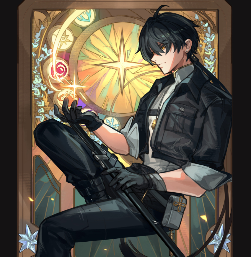 1boy ahoge black_gloves black_hair black_jacket black_pants card_(medium) collared_jacket commentary cropped earrings english_commentary gloves grey_shirt grey_undershirt hair_extensions highres holding holding_sheath jacket jewelry long_hair male_rover_(wuthering_waves) necklace pants ring_hair_extensions rover_(wuthering_waves) sheath shirt sitting sleeves_rolled_up solo steve_zheng sword very_long_hair weapon wuthering_waves yellow_eyes