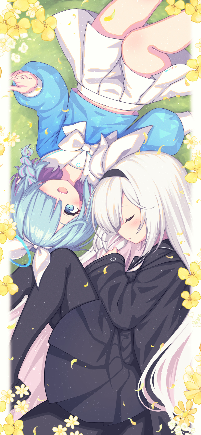 2girls :d absurdres arona_(blue_archive) black_hairband black_jacket black_pantyhose black_sailor_collar black_shirt black_shoes black_skirt blue_archive blue_eyes blue_hair blue_shirt blush braid commentary_request flower hair_over_one_eye hair_ribbon hairband highres jacket long_sleeves lying midriff_peek multicolored_hair multiple_girls navel on_back on_grass on_side open_clothes open_jacket open_mouth pantyhose parted_lips pink_hair plana_(blue_archive) pleated_skirt puffy_long_sleeves puffy_sleeves ribbon sailor_collar sasakura_momiji shirt shoes single_braid skirt smile two-tone_hair white_hair white_hairband white_ribbon white_sailor_collar white_skirt yellow_flower