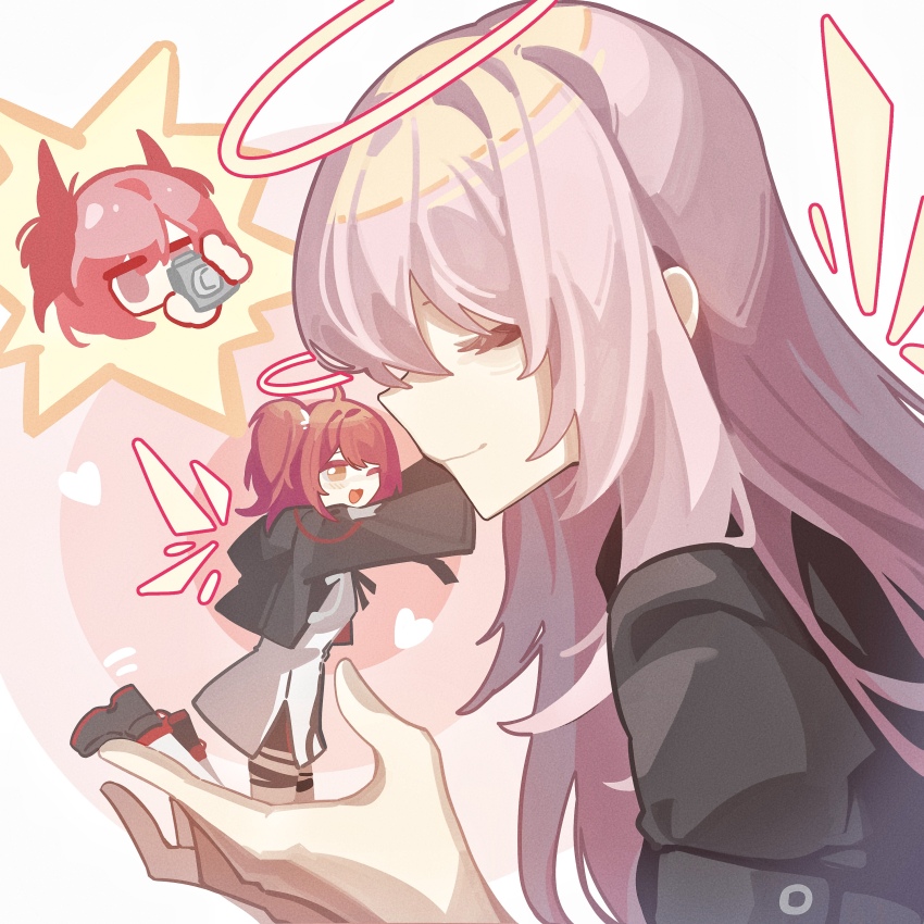 3girls absurdres arknights black_jacket black_shoes black_shorts brown_eyes camera chibi chibi_inset closed_eyes closed_mouth cropped_jacket dress exusiai_(arknights) exusiai_the_new_covenant_(arknights) fiammetta_(arknights) halo haobuguniao highres holding holding_camera hood hood_down hooded_jacket jacket kneeling lemuen_(arknights) long_hair multiple_girls pink_hair profile red_hair shoes shorts white_dress