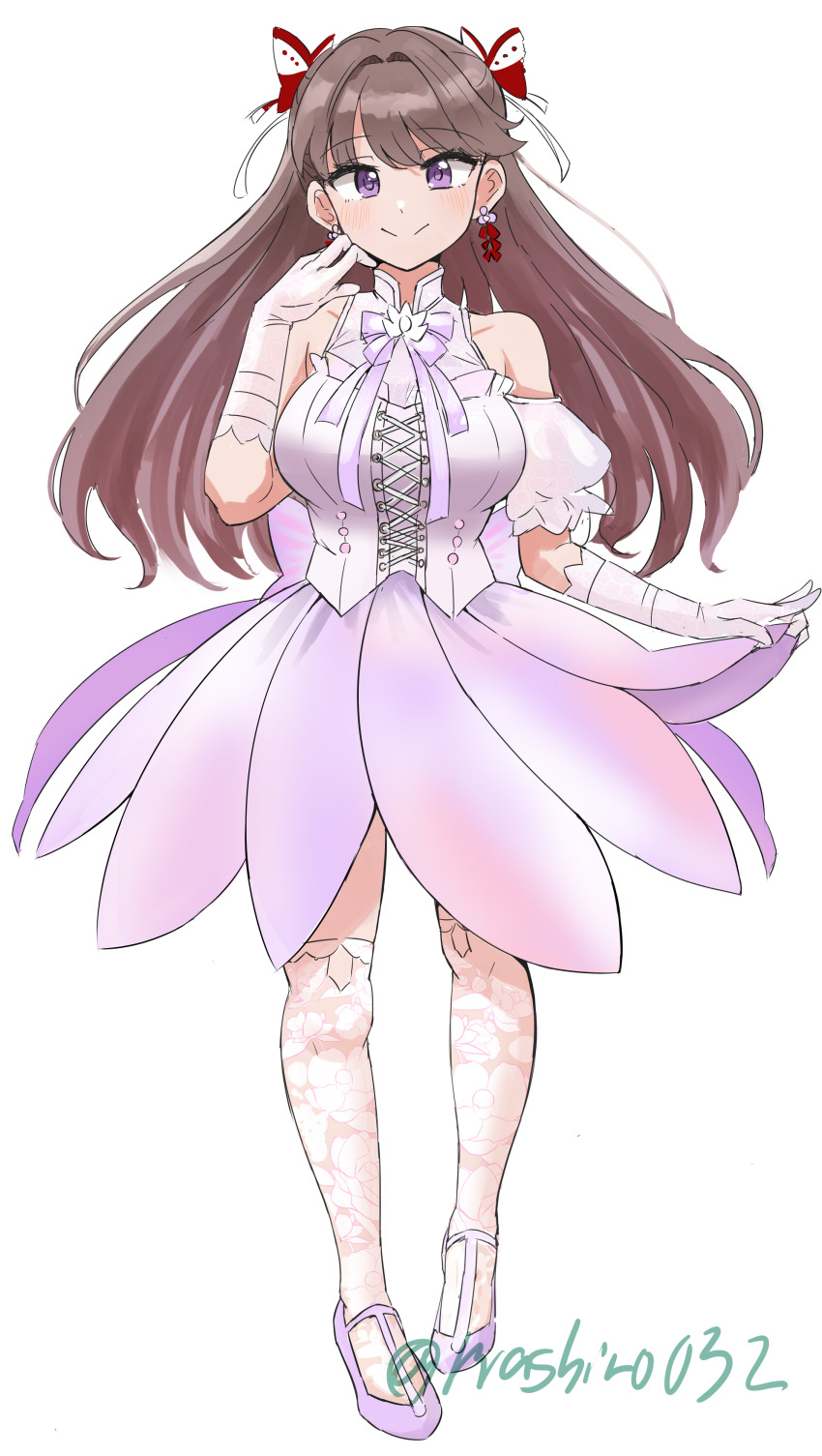 1girl absurdres aurora_flower_(love_live!) bare_shoulders blush breasts brown_hair butterfly_hair_ornament closed_mouth commentary_request cross-laced_clothes cross-laced_top detached_sleeves elbow_gloves ereka fujishima_megumi full_body gloves hair_ornament highres lace lace_thighhighs large_breasts link!_like!_love_live! long_hair looking_at_viewer love_live! neck_ribbon official_alternate_costume over-kneehighs puffy_short_sleeves puffy_sleeves purple_eyes purple_ribbon purple_shoes ribbon shirt shoes short_sleeves simple_background skirt_hold sleeveless sleeveless_shirt smile solo split_mouth standing thighhighs two_side_up virtual_youtuber white_background white_gloves white_thighhighs