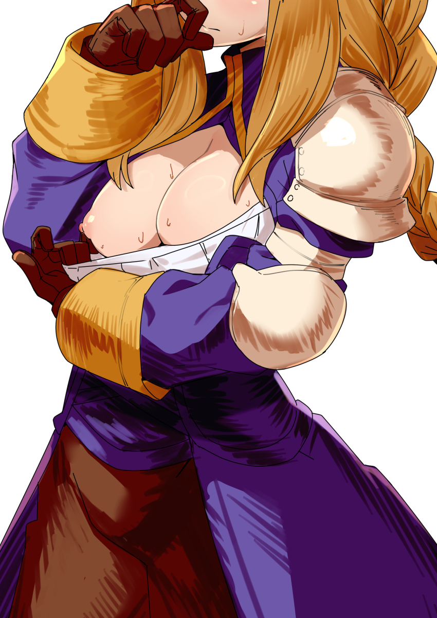 1girl agrias_oaks armor blonde_hair braid breasts brown_gloves brown_pants closed_mouth clothes_pull commentary elbow_pads english_commentary final_fantasy final_fantasy_tactics gloves head_out_of_frame highres large_breasts long_hair mixed-language_commentary morisobo nipples pants pauldrons shoulder_armor shoulder_pads simple_background single_braid solo sweat white_background