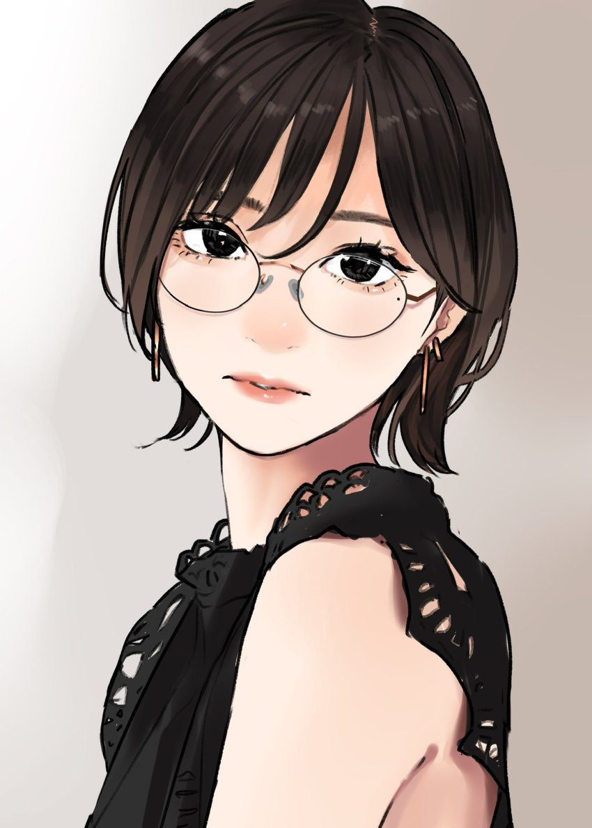 1girl black-framed_eyewear black_shirt brown_eyes brown_hair glasses highres lace lips looking_at_viewer mole mole_under_eye original parted_lips round_eyewear saitou_(lynx-shrike) shirt short_hair sleeveless sleeveless_shirt solo