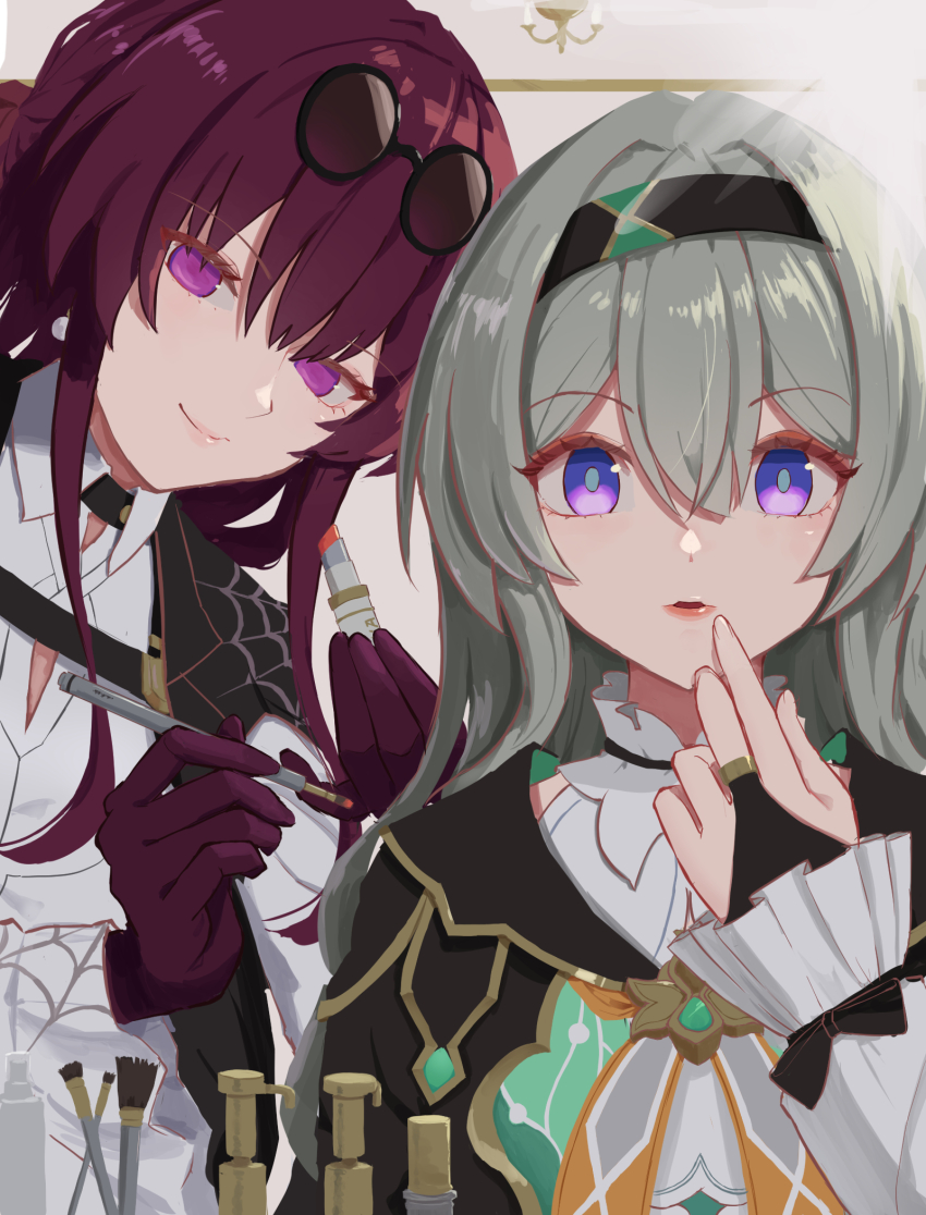 2girls applying_makeup black_hairband black_jacket blue_pupils bridal_gauntlets commentary_request cosmetics eyewear_on_head firefly_(honkai:_star_rail) glasses gloves grey_hair hairband highres holding holding_lipstick_tube honkai:_star_rail honkai_(series) jacket jacket_on_shoulders kafka_(honkai:_star_rail) lipstick_tube long_hair long_sleeves makeup multiple_girls parted_lips pince-nez purple_eyes purple_gloves purple_hair shirt smile spider_web_print sunglasses toki78288809 white_shirt