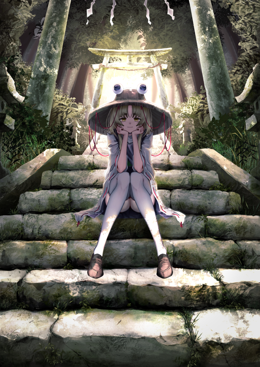 1girl absurdres blonde_hair brown_hat brown_shoes closed_mouth commentary_request full_body hat highres knees_together_feet_apart long_sleeves looking_at_viewer moriya_suwako outdoors parted_bangs purple_skirt purple_vest red_ribbon ribbon ribbon-trimmed_sleeves ribbon_trim shirt shoes sitting skirt smile solo stairs t_terano thighhighs torii touhou tree upskirt vest white_shirt white_thighhighs wide_sleeves yellow_eyes