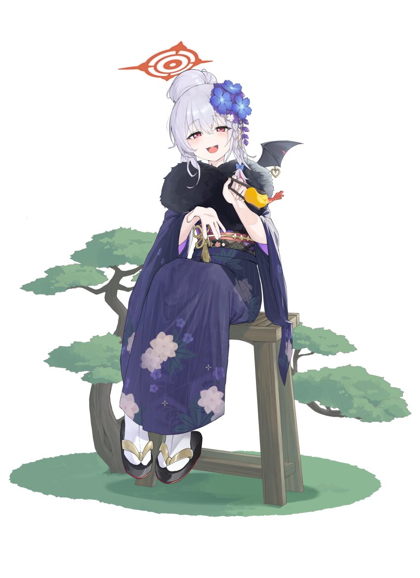 1girl absurdres blue_archive blush braid chopsticks floral_print flower food full_body fur_collar ggaebchun hair_between_eyes hair_bun hair_flower hair_ornament halo haruna_(blue_archive) haruna_(new_year)_(blue_archive) highres holding holding_chopsticks japanese_clothes kimono korean_commentary looking_at_viewer obi okobo open_mouth platform_sandals red_eyes sandals sash side_braid simple_background single_hair_bun single_wing sitting solo stool tassel tempura white_background white_flower wide_sleeves wing_ornament wings