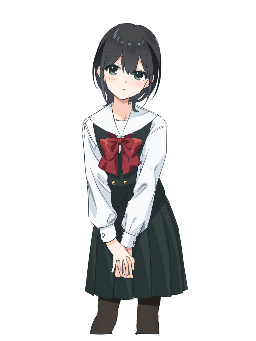 1girl black_hair black_thighhighs blush bow bowtie closed_mouth cropped_legs green_eyes green_skirt highres kisaragi_hina long_sleeves original red_bow red_bowtie school_uniform simple_background skirt solo thighhighs white_background