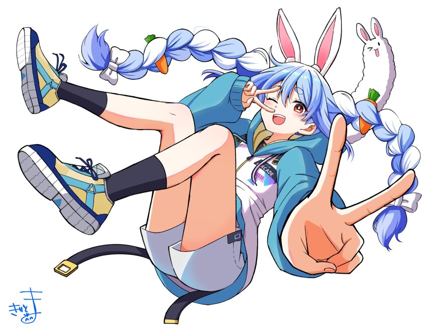 &gt;_o 1girl ;d animal_ear_fluff animal_ears arm_up black_socks blue_hair blush bow braid brown_shoes carrot_hair_ornament commentary_request don-chan_(usada_pekora) food-themed_hair_ornament full_body hair_between_eyes hair_bow hair_ornament highres hololive hood hood_up hoodie kiritoma long_hair long_sleeves looking_at_viewer multicolored_hair one_eye_closed open_mouth outstretched_arm puffy_long_sleeves puffy_sleeves rabbit-shaped_pupils rabbit_ears red_eyes shoes short_eyebrows short_shorts shorts signature simple_background sleeves_past_wrists smile socks solo symbol-shaped_pupils thick_eyebrows twin_braids twintails two-tone_hair usada_pekora v v_over_eye very_long_hair virtual_youtuber white_background white_bow white_hair white_hoodie white_shorts