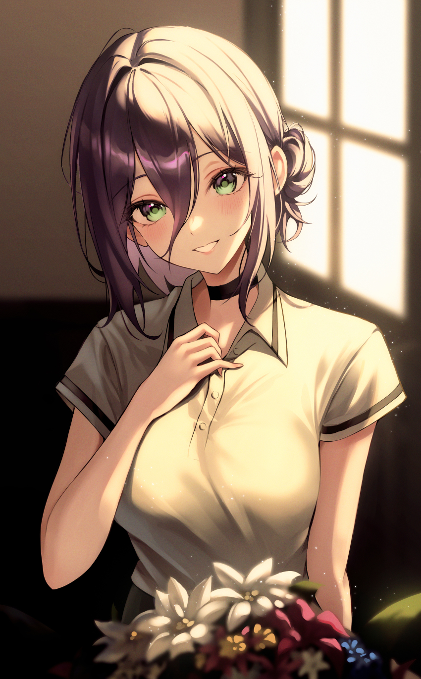 absurdres black_choker bouquet breasts chainsaw_man choker flower green_eyes hair_between_eyes hair_bun highres indoors large_breasts looking_at_viewer nurie6351 polo_shirt purple_hair reze_(chainsaw_man) shirt solo white_shirt window