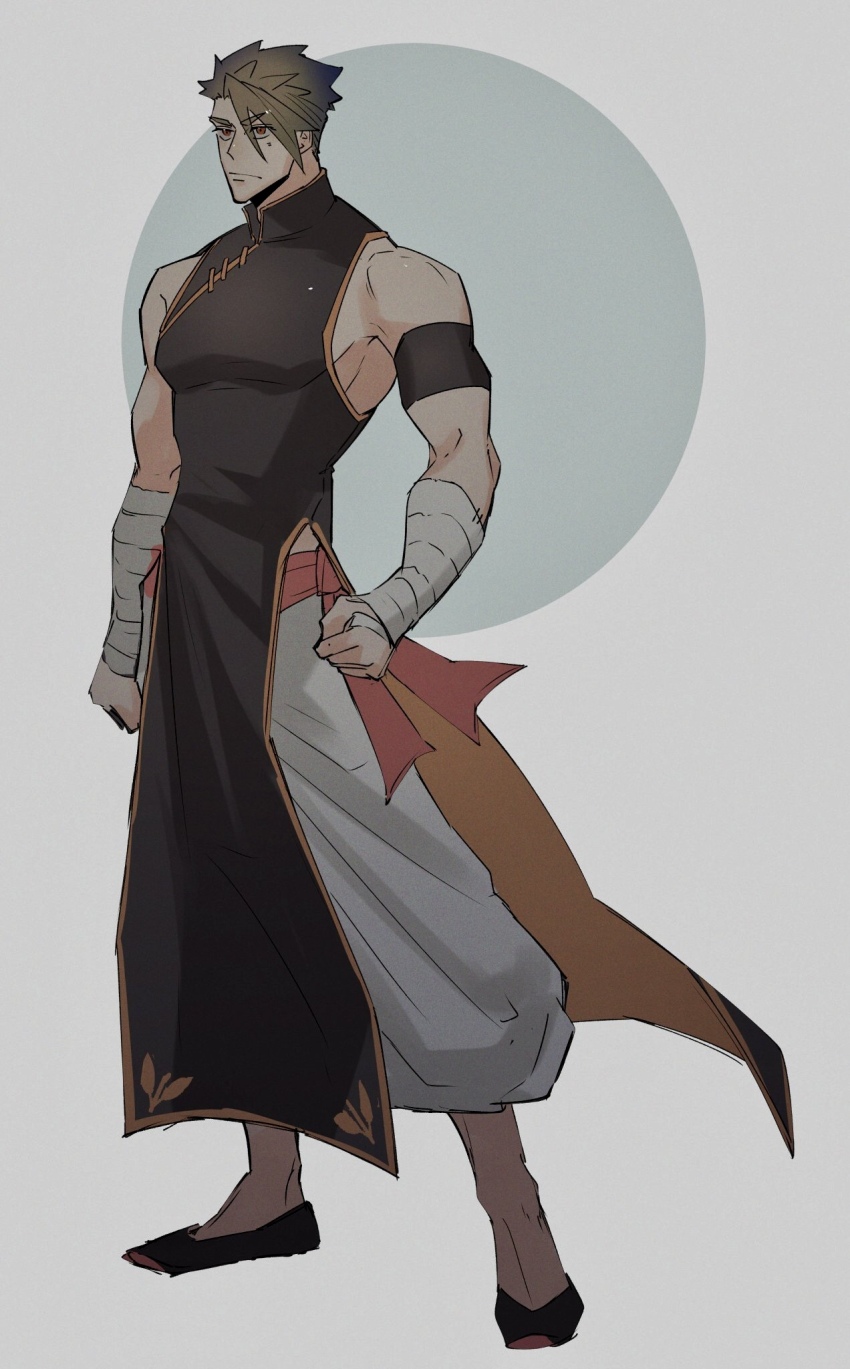 1boy achilles_(fate) alternate_costume armband arms_at_sides bandaged_arm bandages black_armband black_footwear chinese_clothes closed_mouth dress fate/grand_order fate_(series) grey_background haruakira highres large_pectorals looking_ahead male_focus muscular muscular_male pants pectorals red_eyes short_hair sidepec white_pants